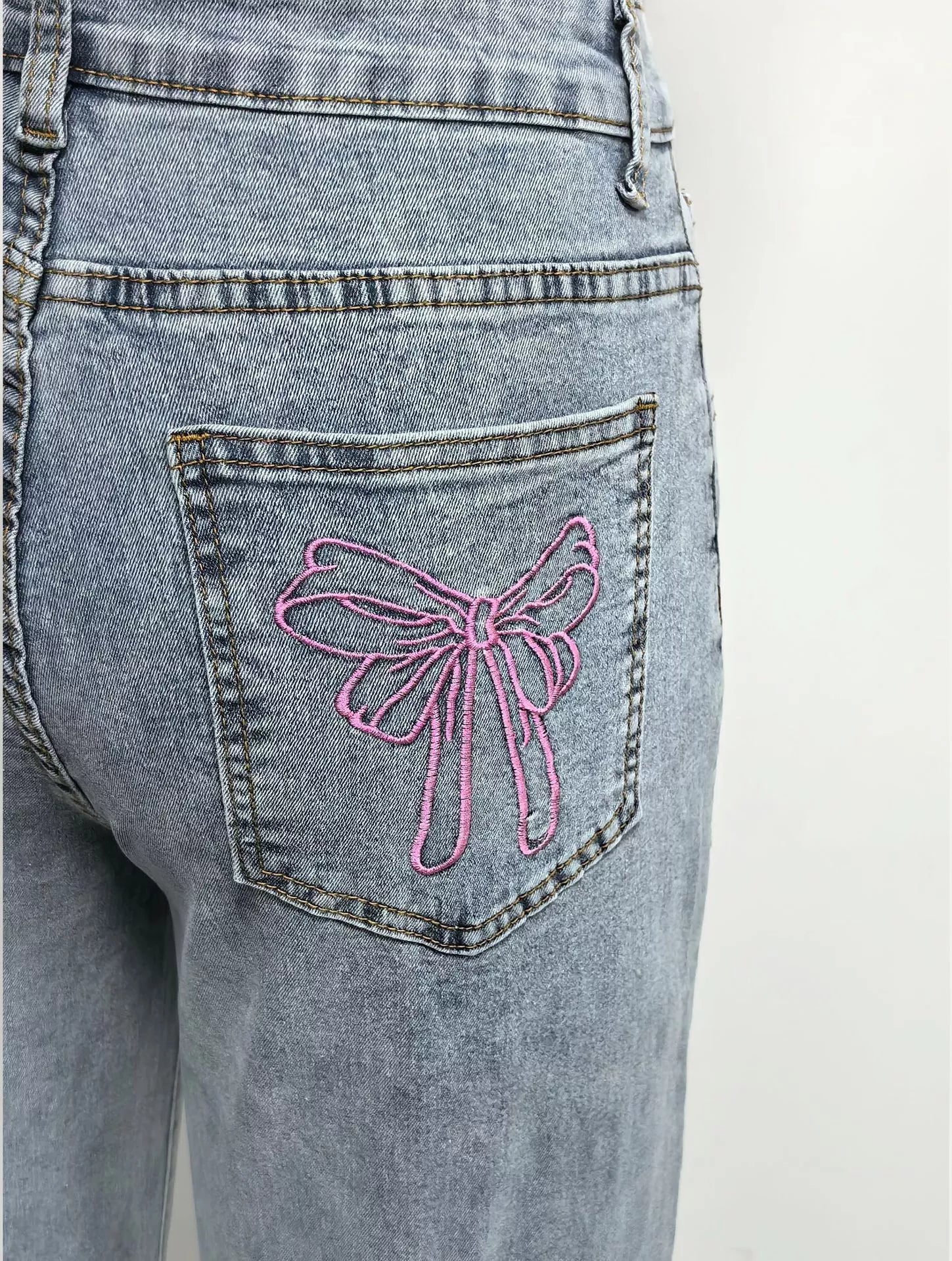 Wide leg silhouette of light blue jeans