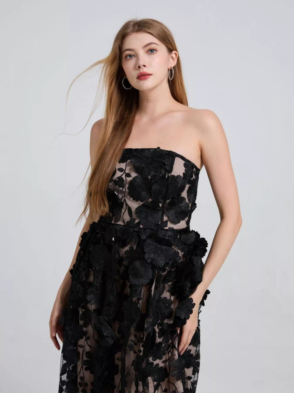 Floral applique midi dress in blue front view