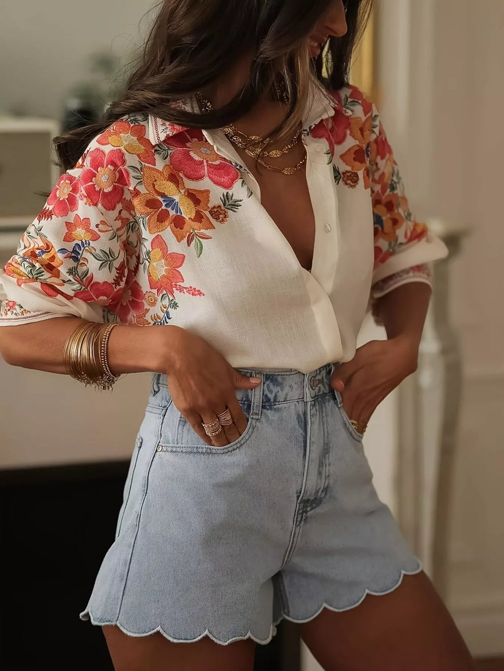 Floral print button up shirt front view