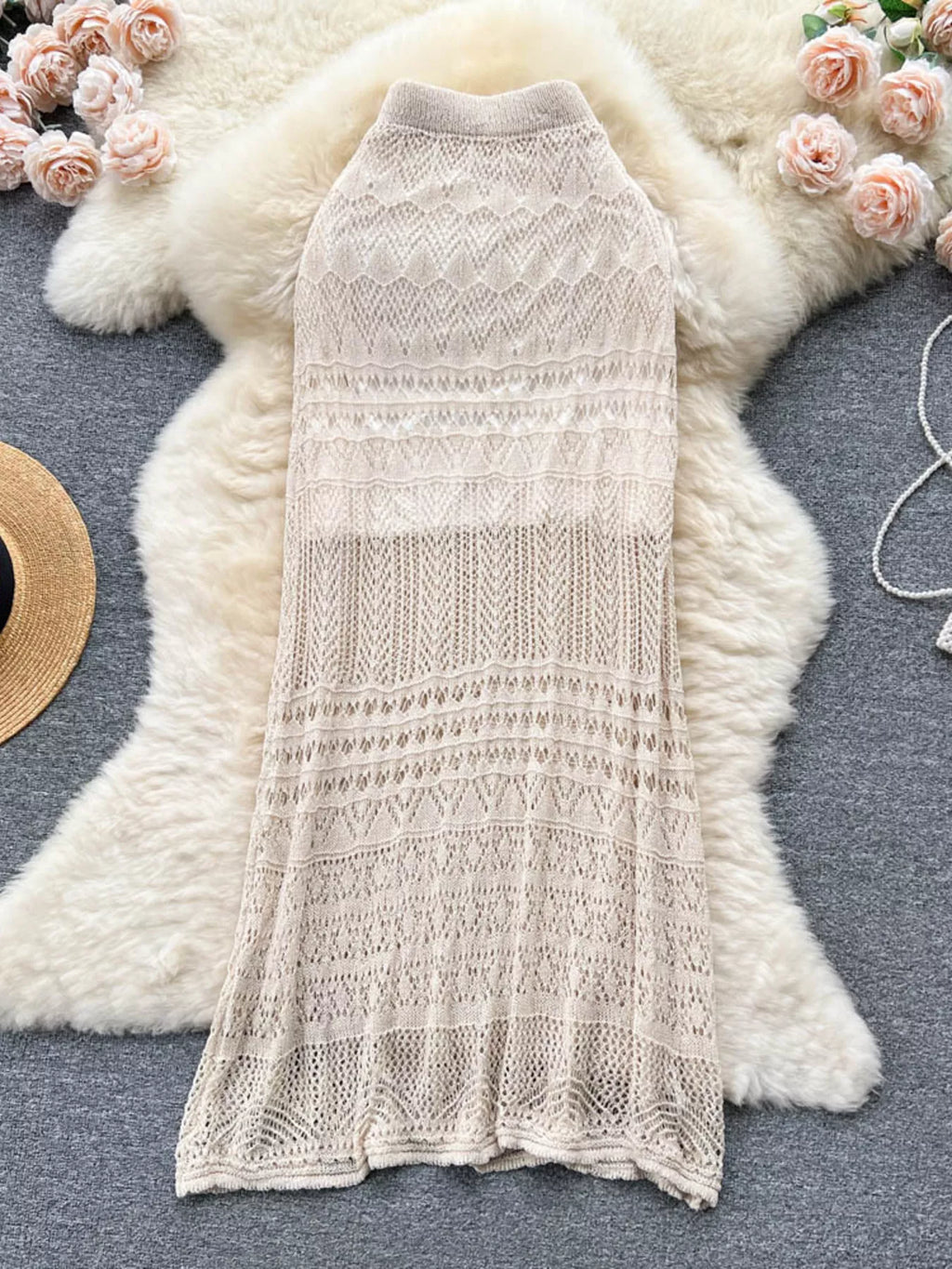 Knitted hollow out maxi skirt full length side view