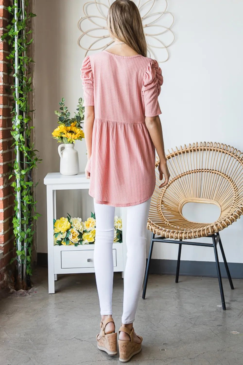 Waffle knit top hem and flare detail