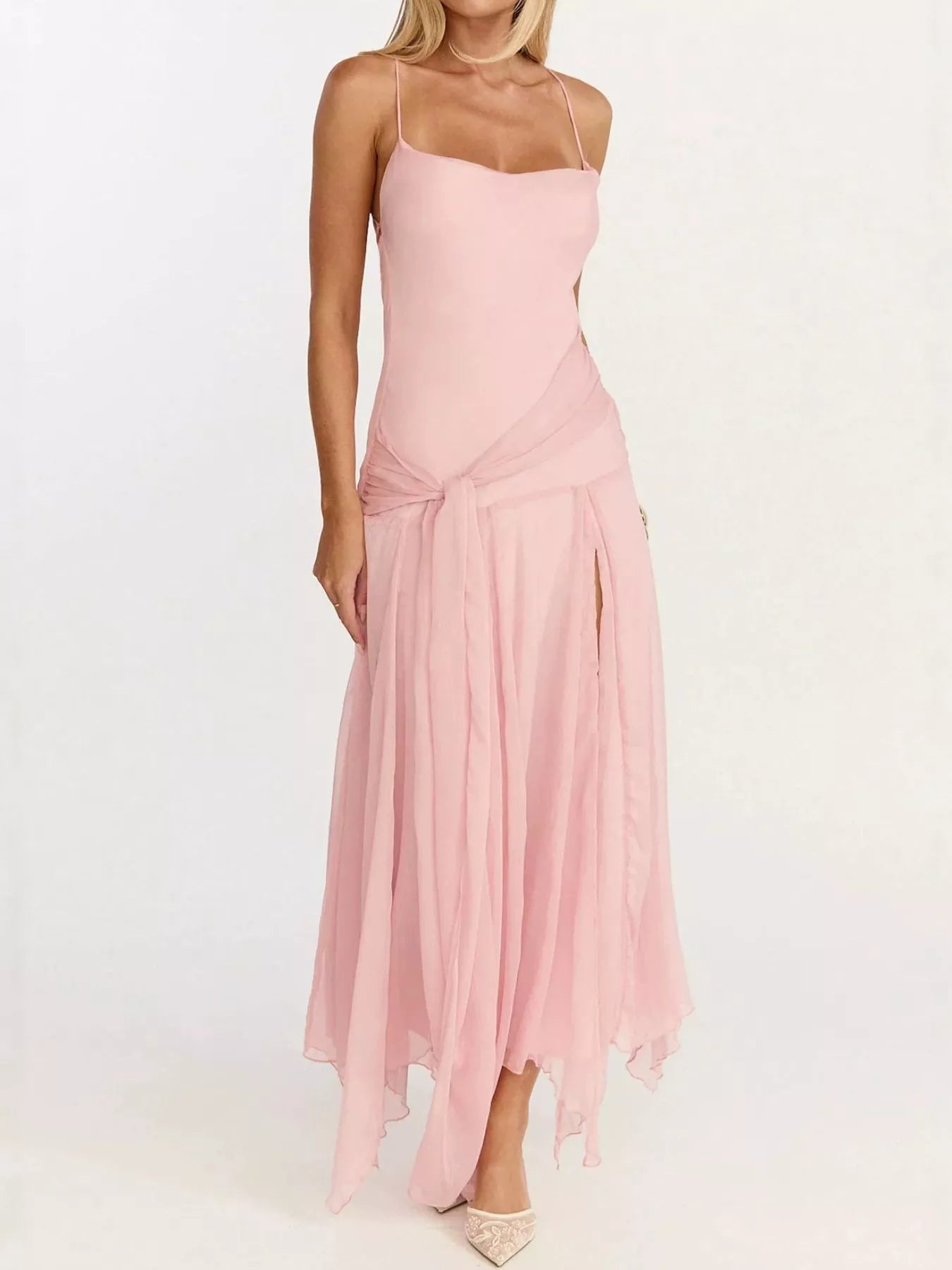 Pink spaghetti strap dress back view