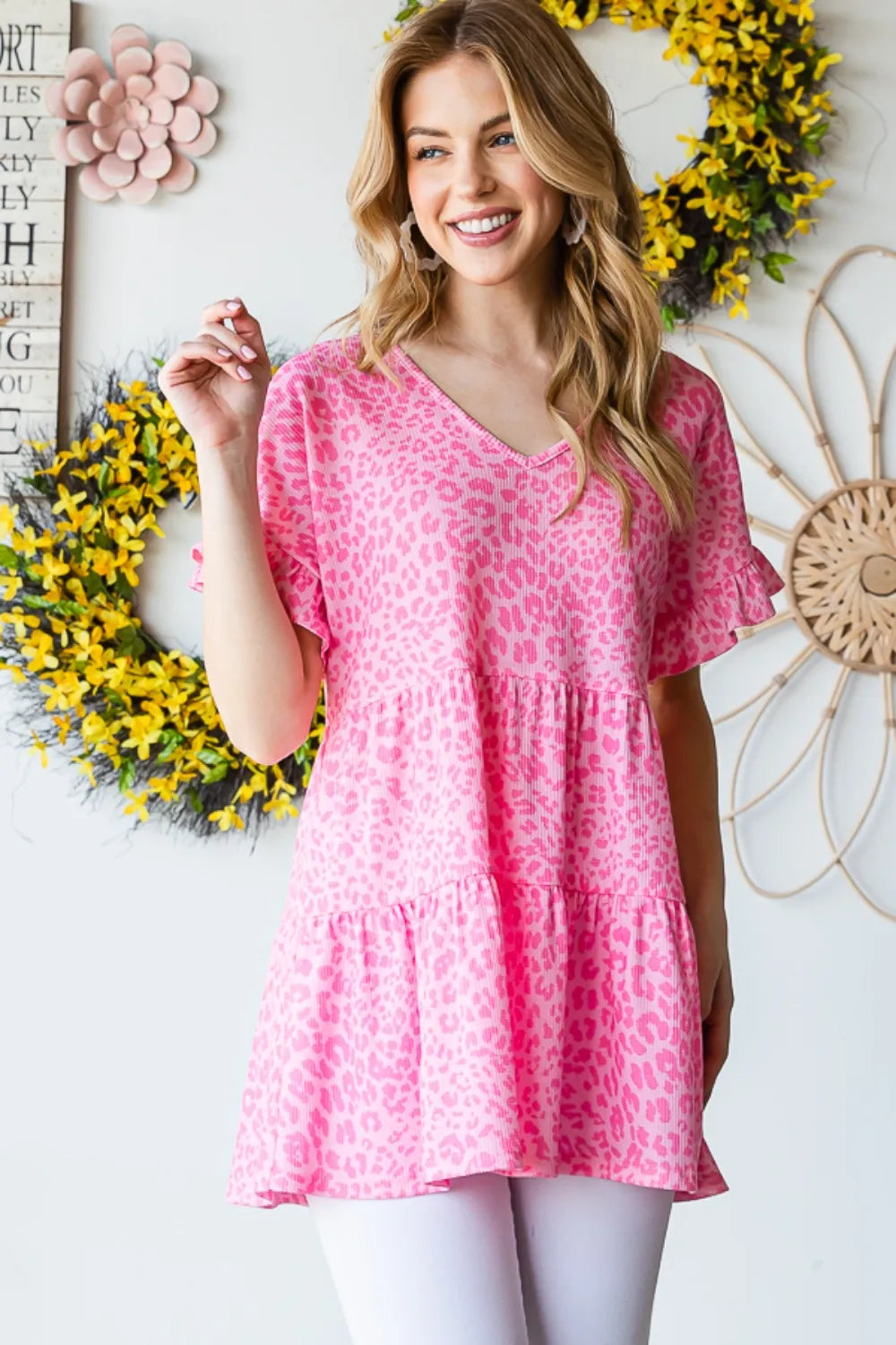 Leopard ruffle trim short sleeve top hem detail