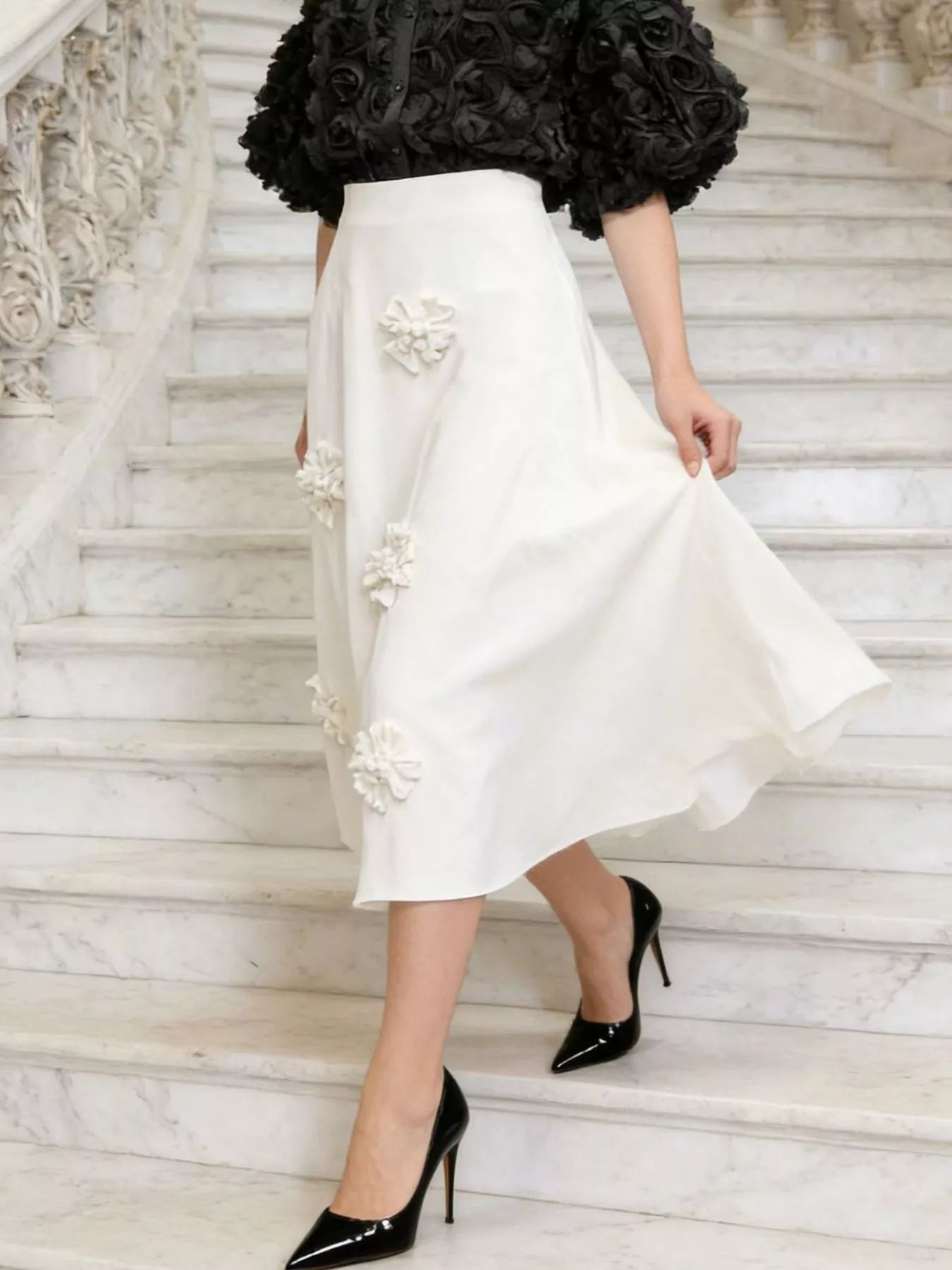 White floral midi skirt side view