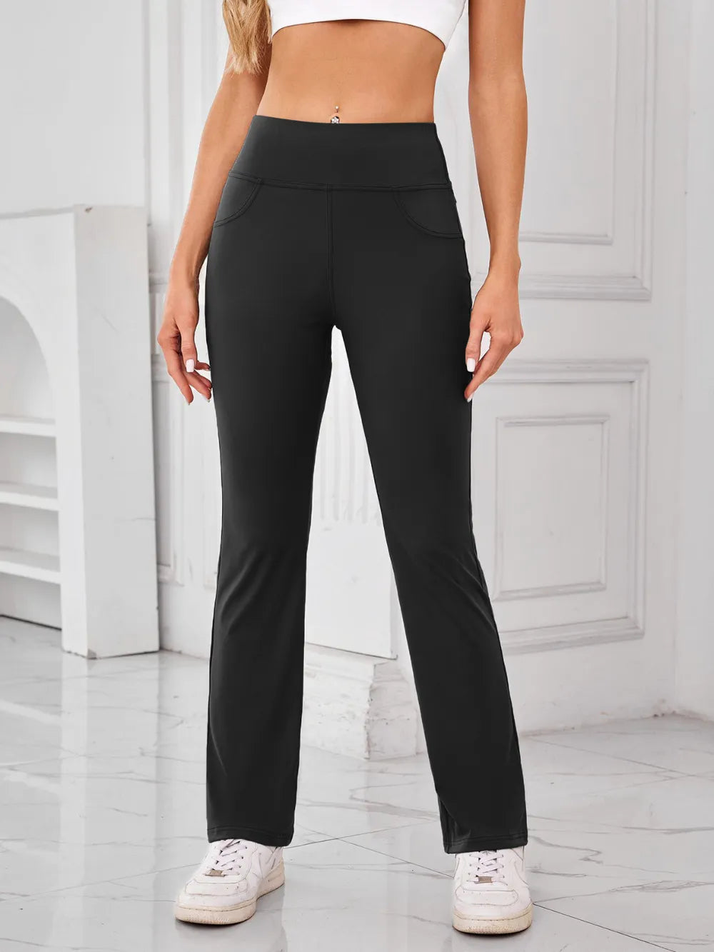 Black high waist active pants pocket detail