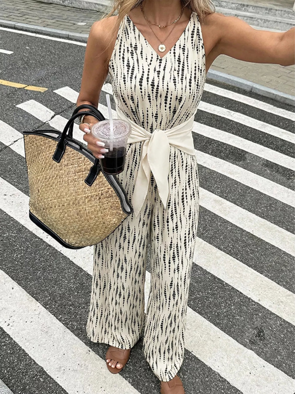 Wide leg jumpsuit tie waist side view