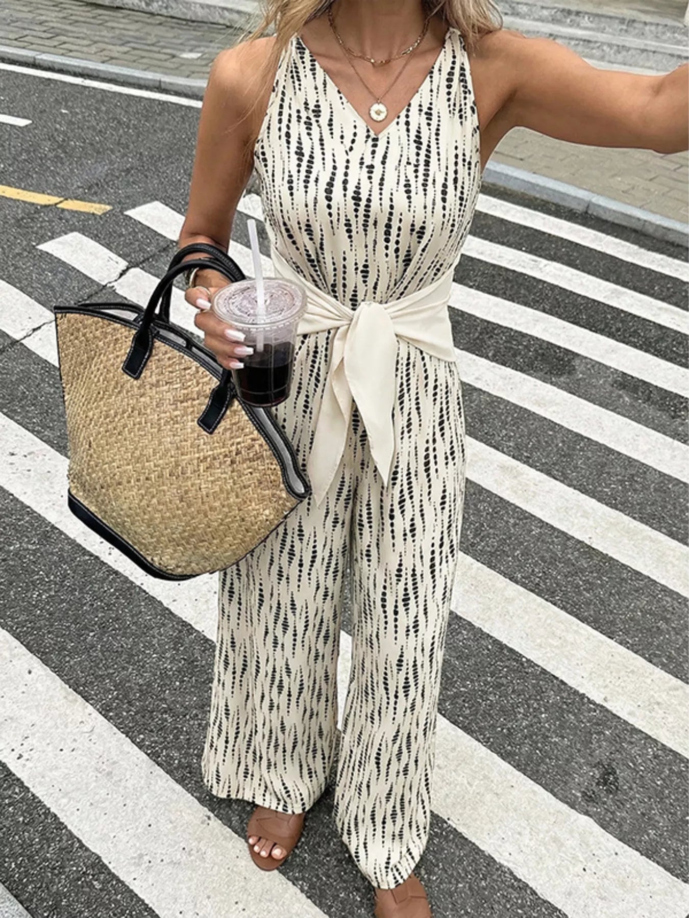 Wide leg jumpsuit tie waist side view