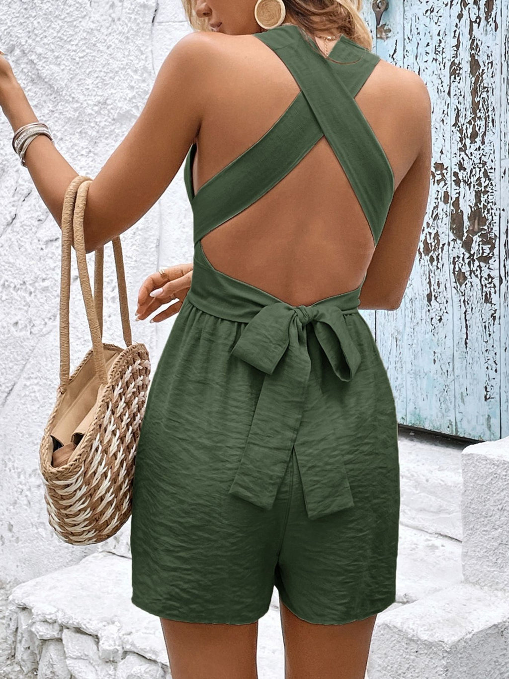 Brown crisscross back sleeveless romper styled look