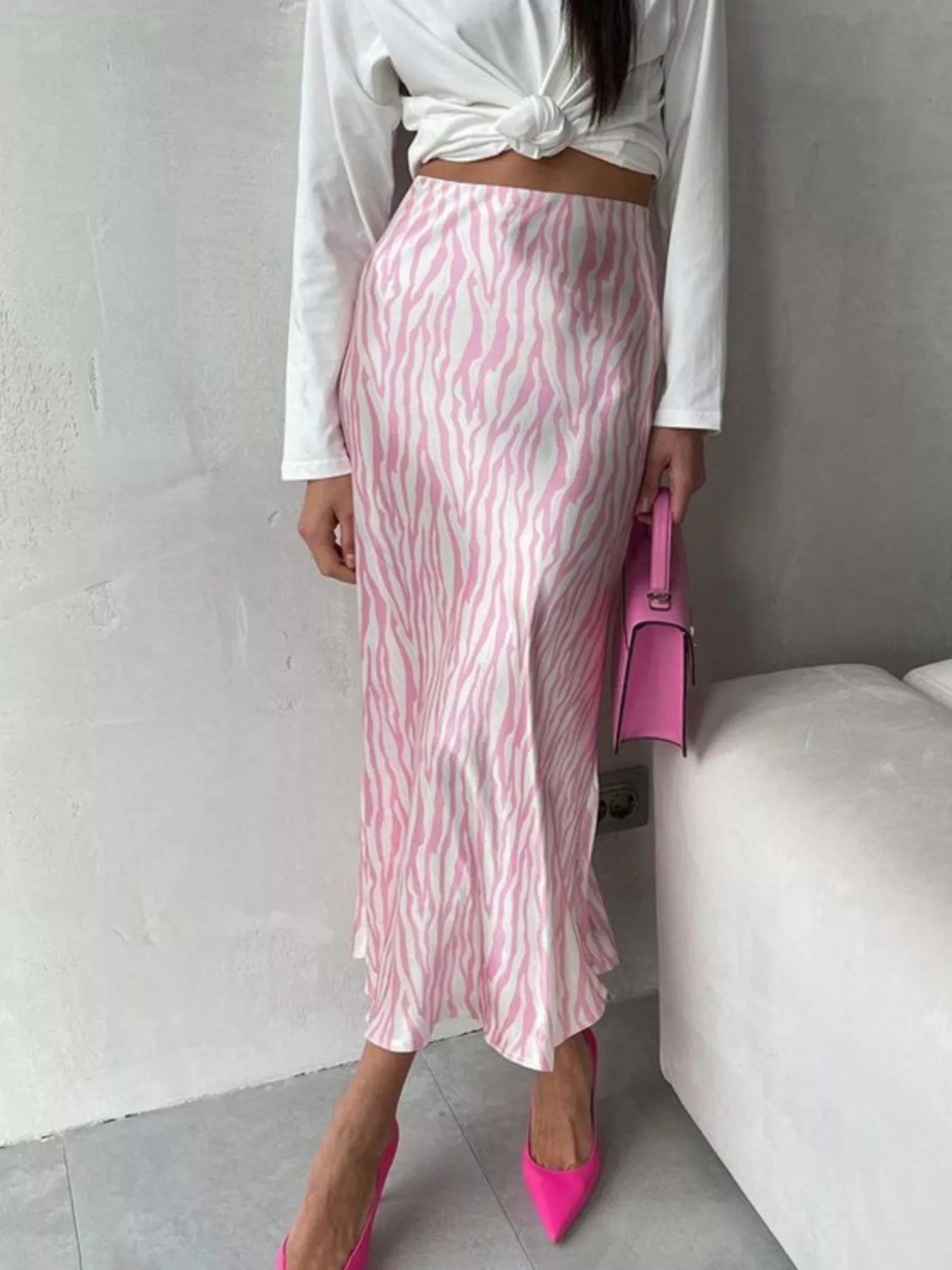 Silky zebra print skirt close up