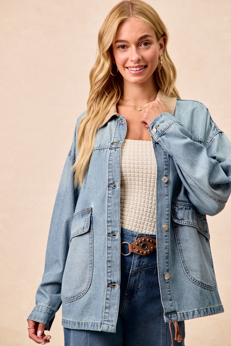 Vintage washed denim jacket chest pocket detail