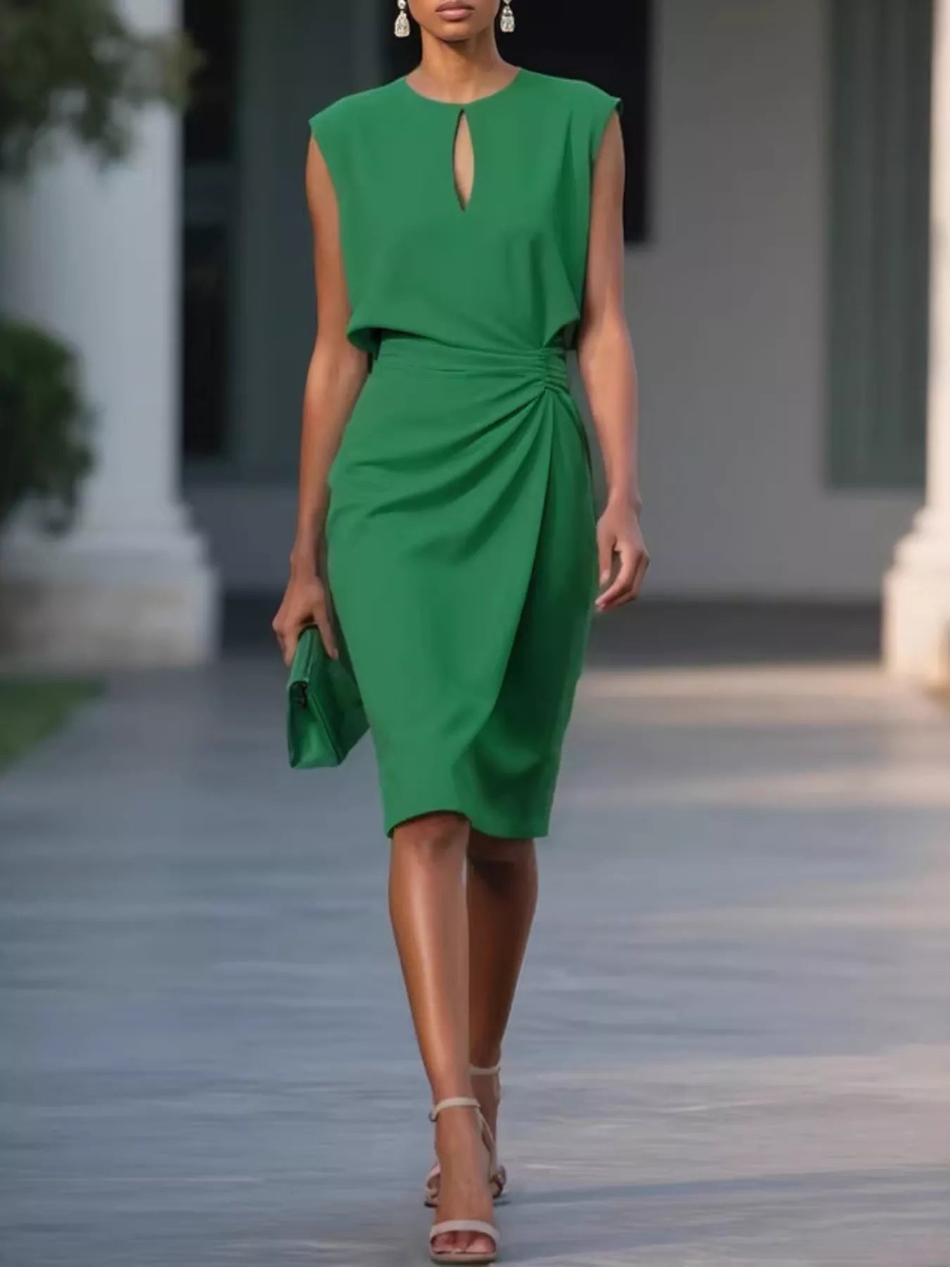 White ruched waist sleeveless dress front view