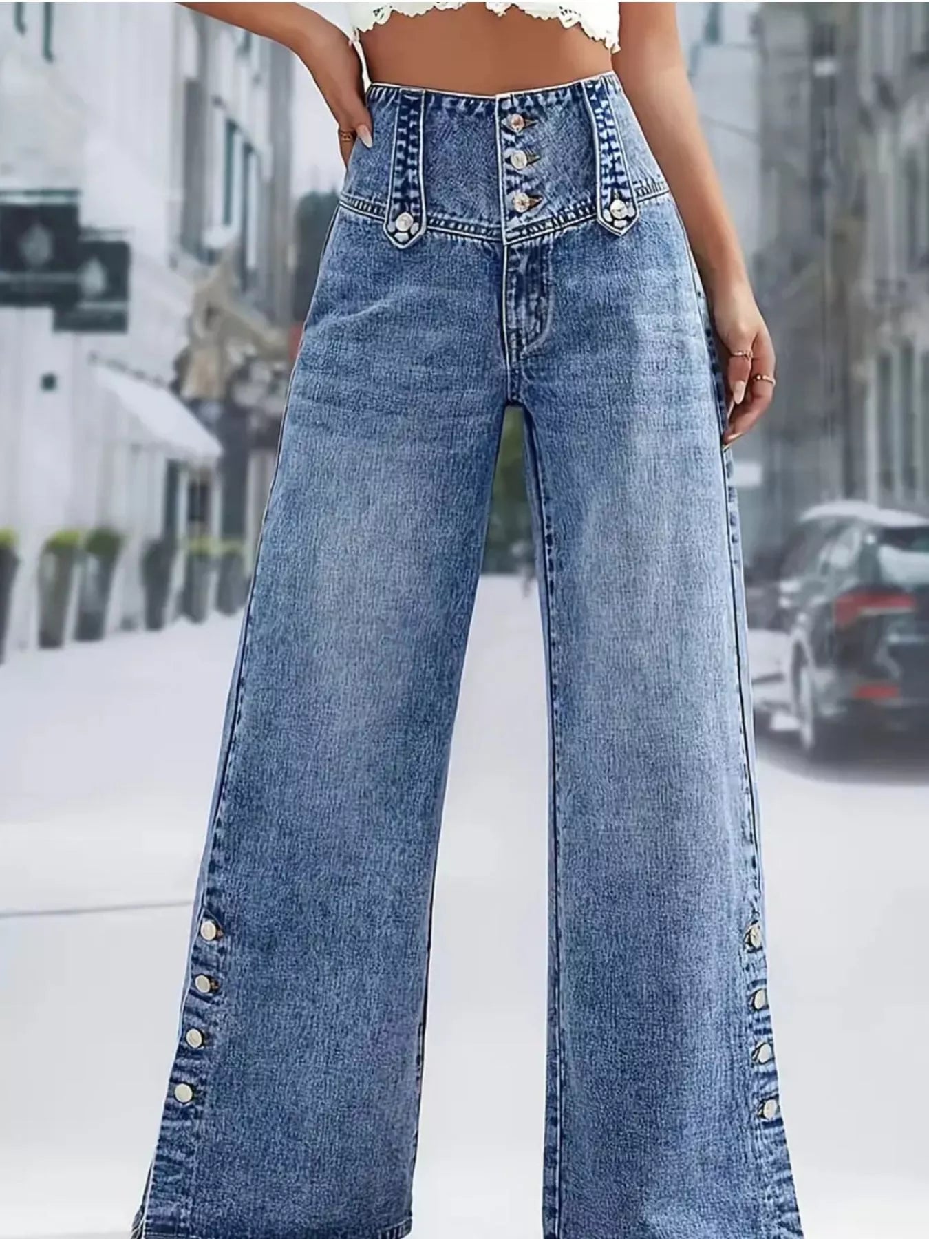 High waist wide leg jeans back view showing pockets