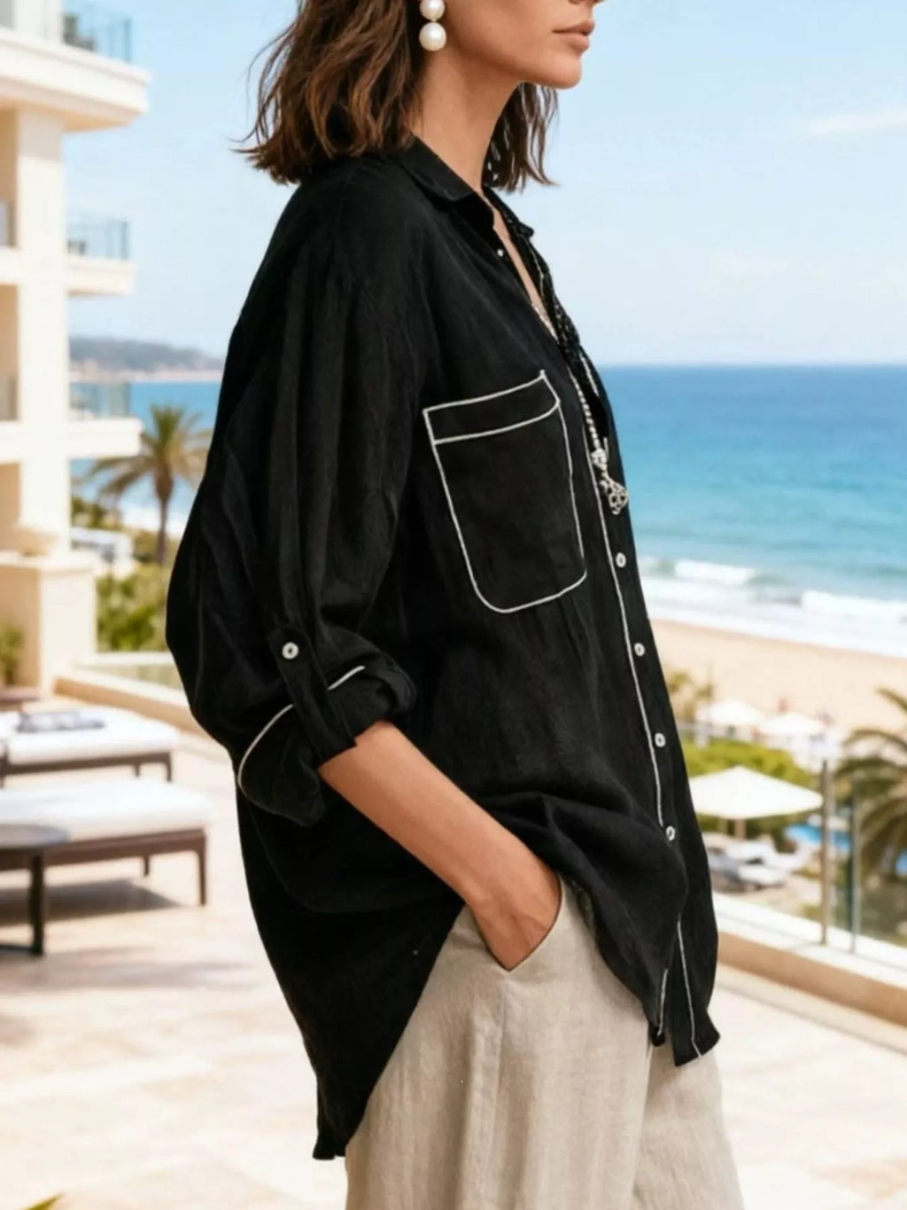 Contrast trim shirt side view on model