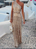 Beige sequin one shoulder slit maxi dress front view