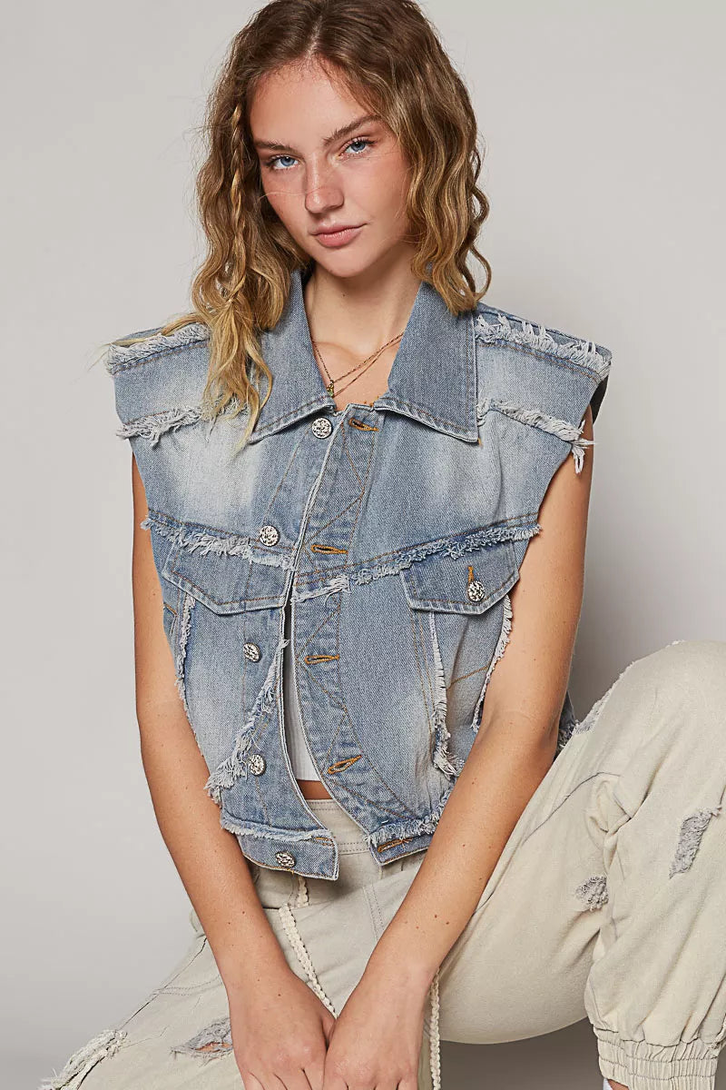 Raw hem denim vest side view