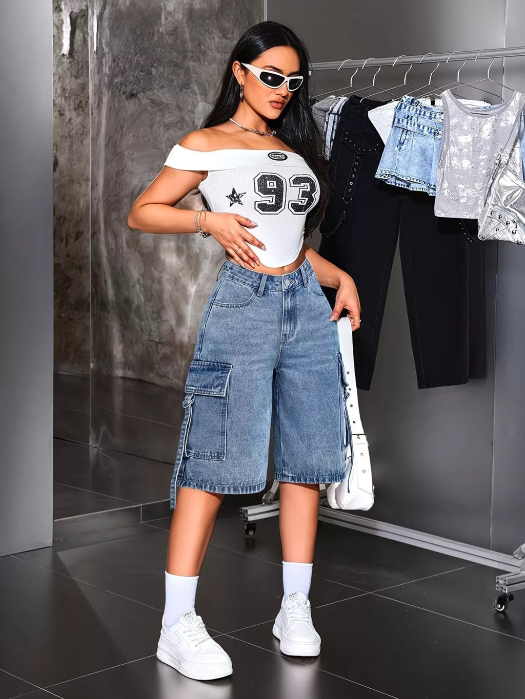 Model wearing loose fit cargo capris summer outfit