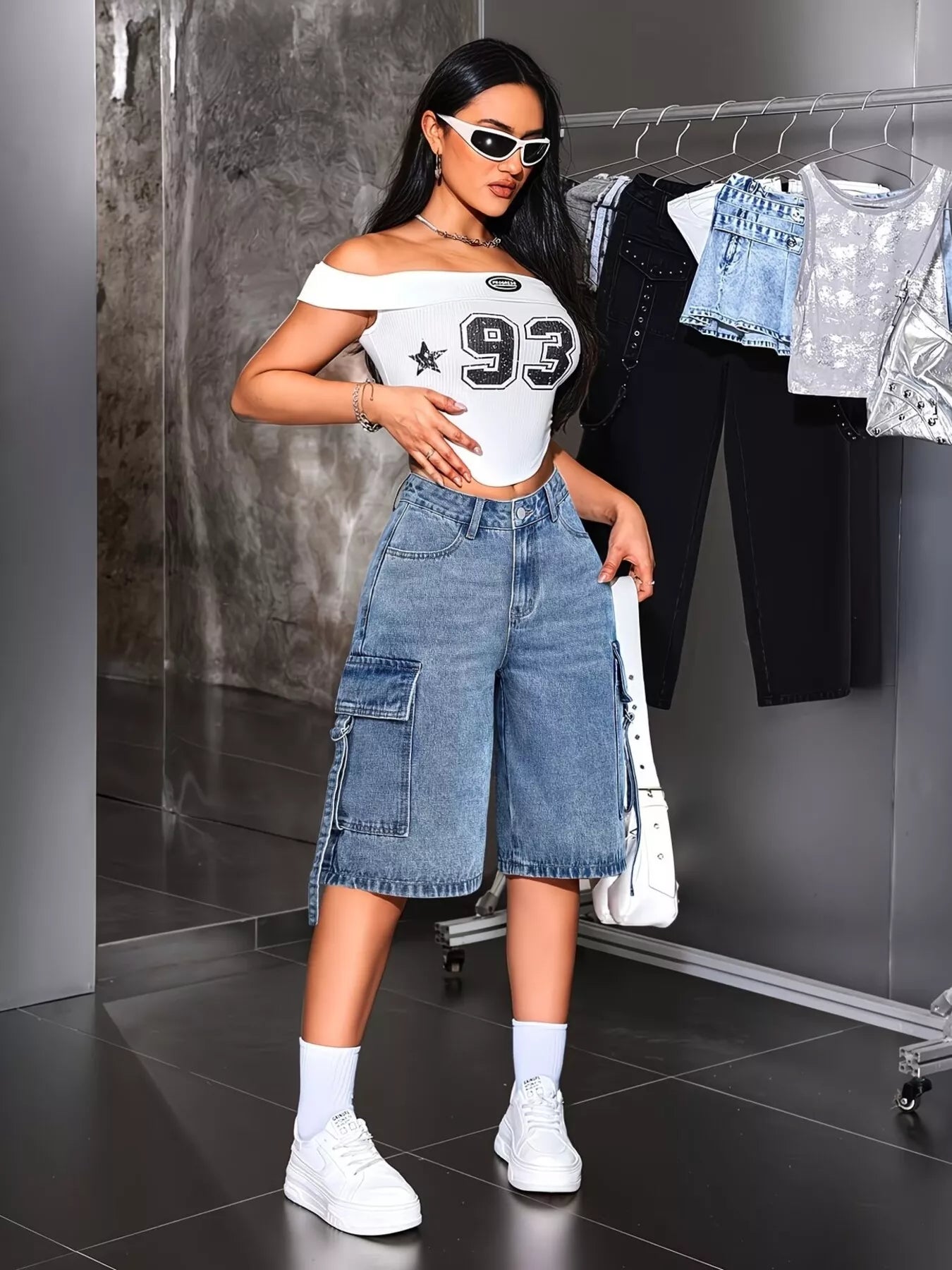Model wearing loose fit cargo capris summer outfit