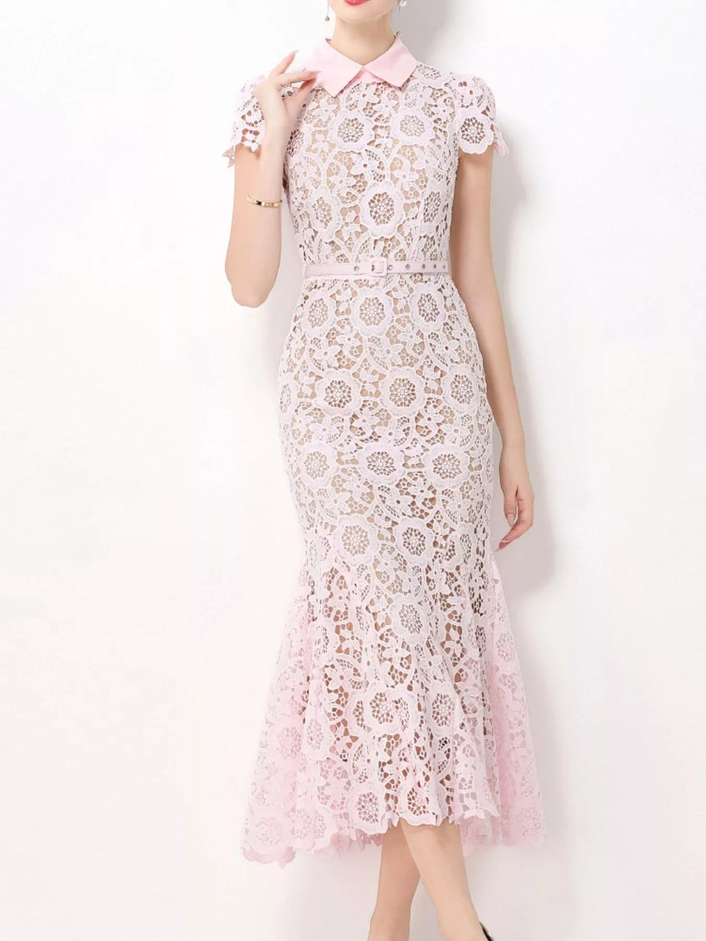 Pink lace short sleeve midi dress front