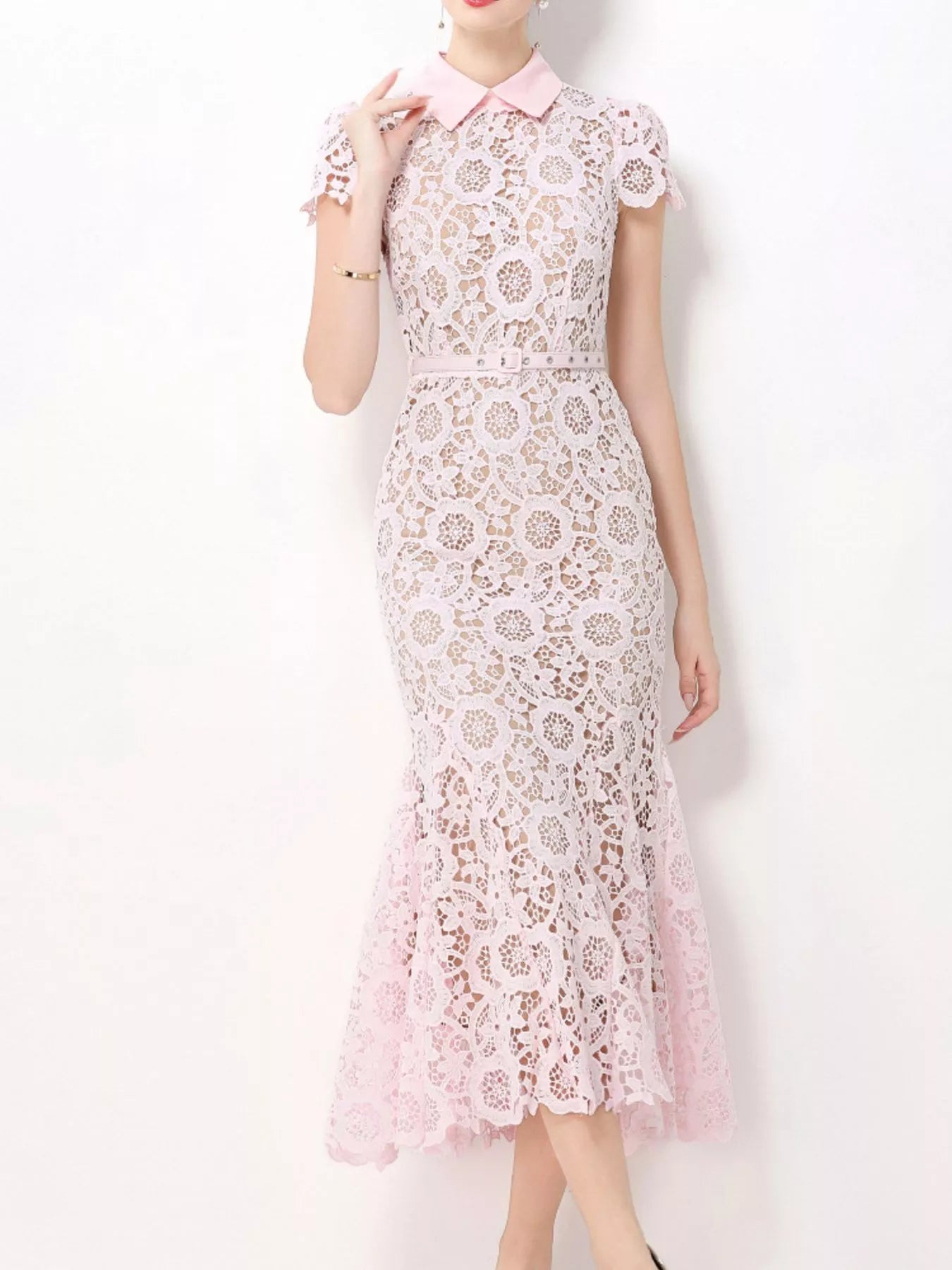 Pink lace short sleeve midi dress front