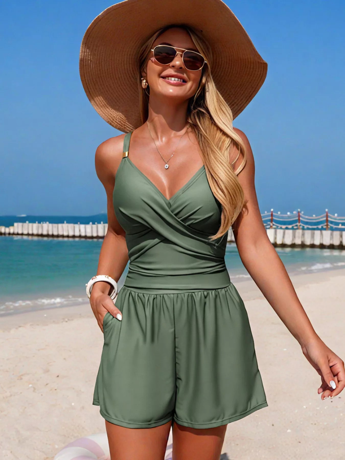 Blue v neck one piece swimsuit on model