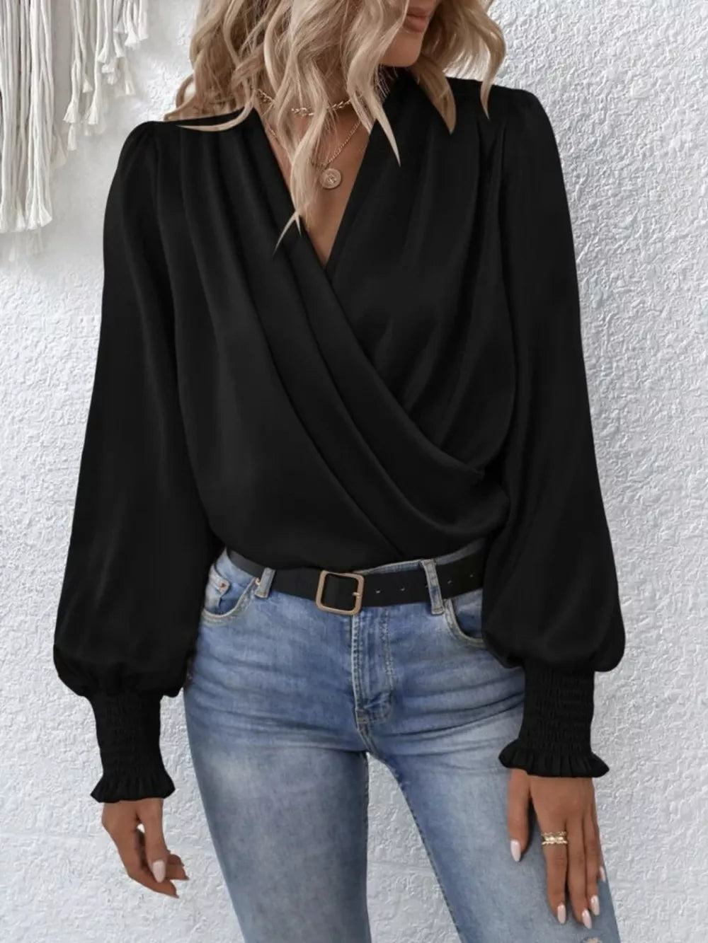 Surplice blouse in light mauve front view