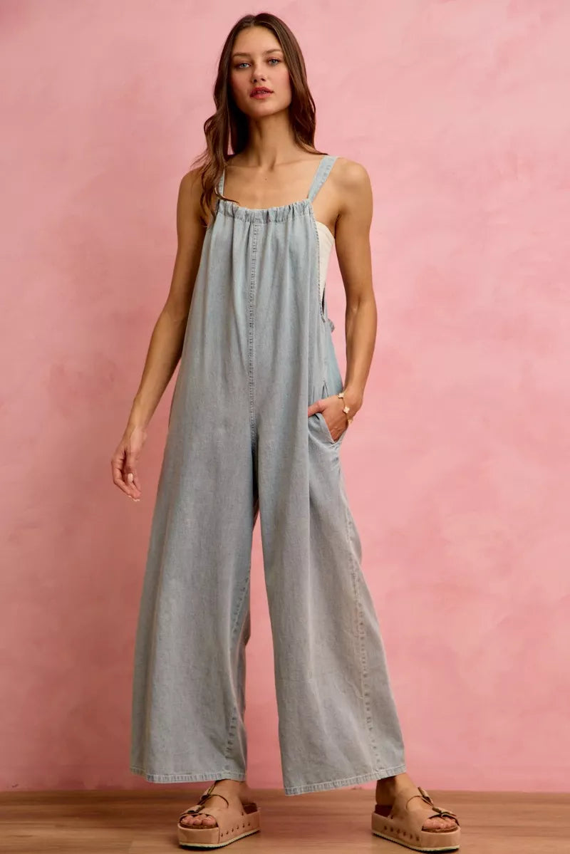 Denim overalls side view showing wide leg silhouette