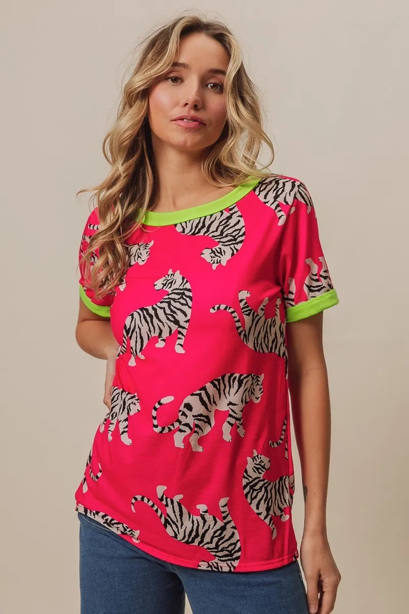 Tiger print ringer tee sleeve trim detail