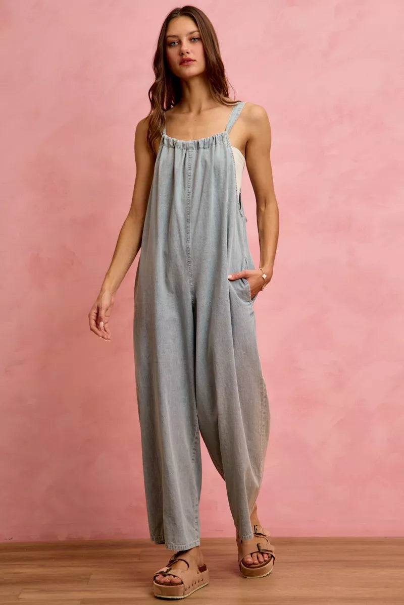 Lightweight cotton denim overalls side styling view
