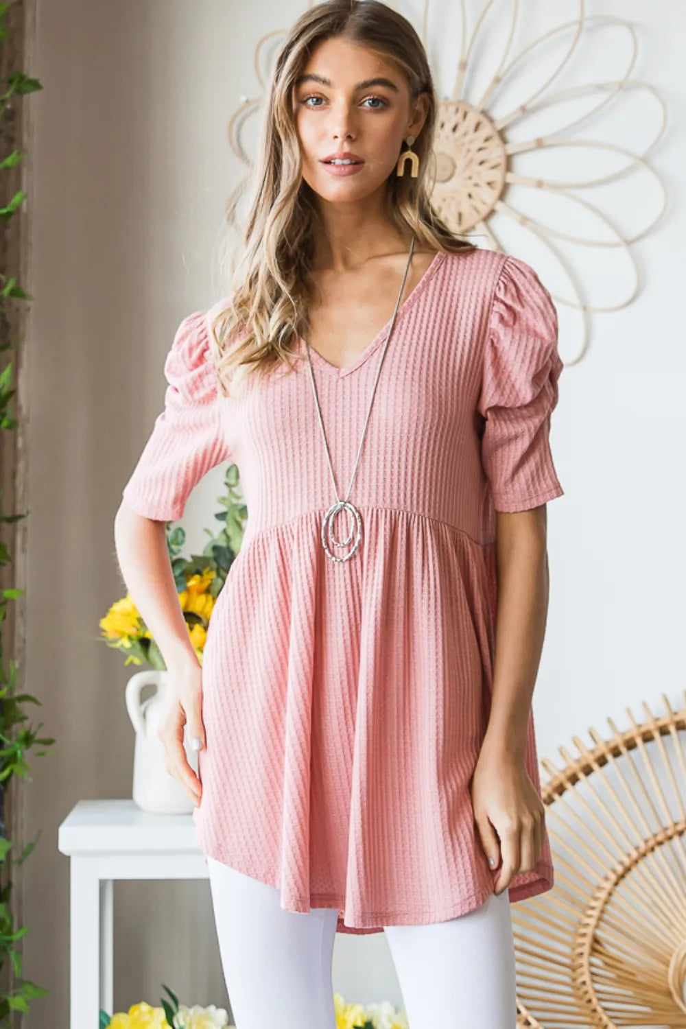 Waffle knit top v neckline detail