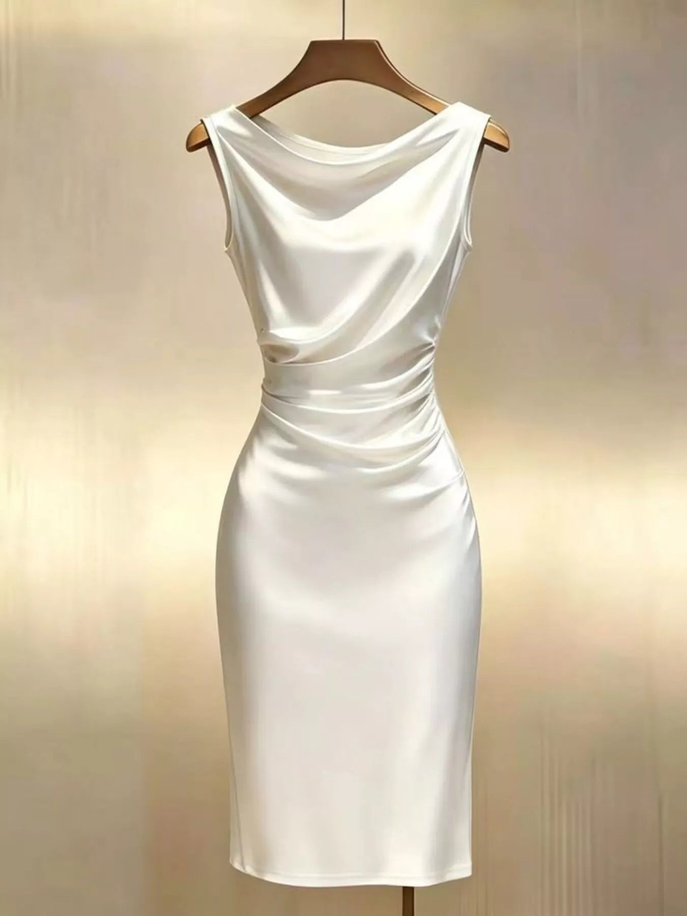 Cowl neckline detail on womens satin dress