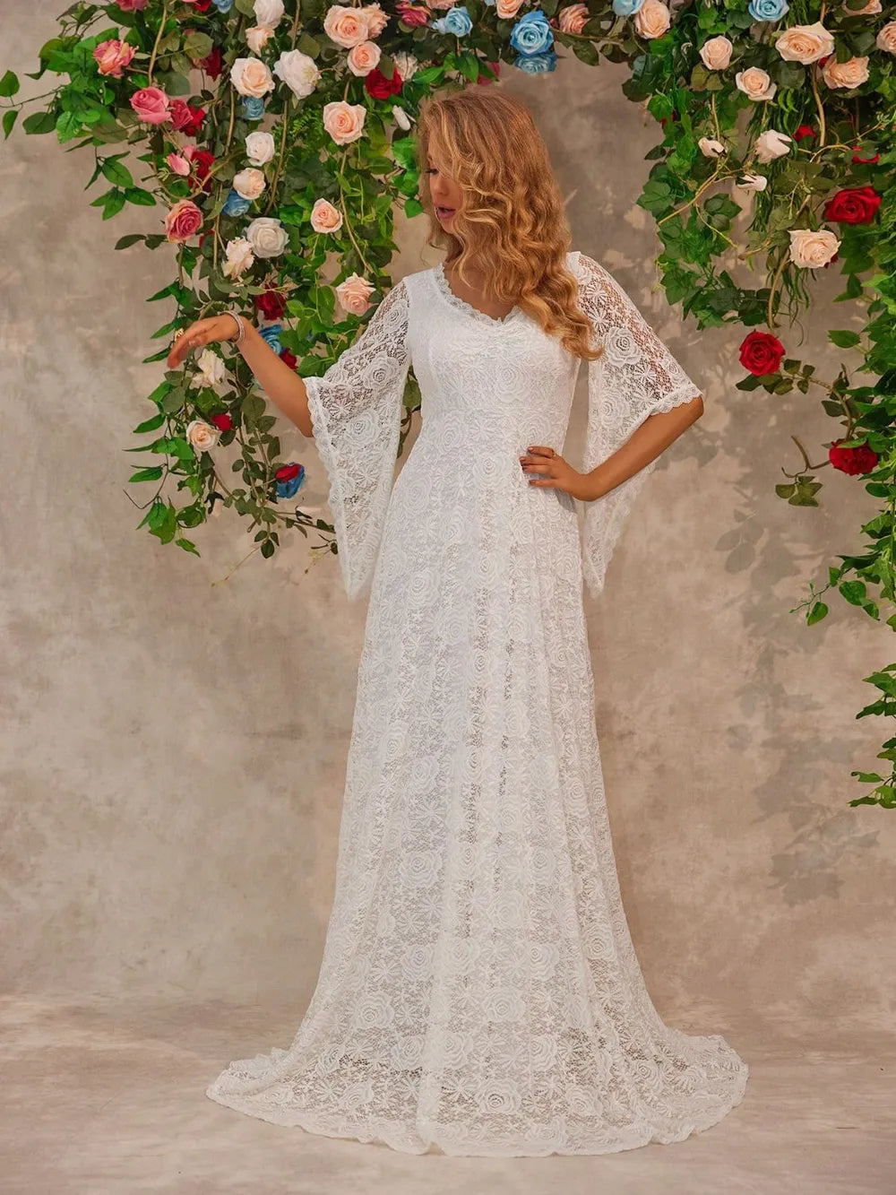 Lace v neck floor length dress styled look
