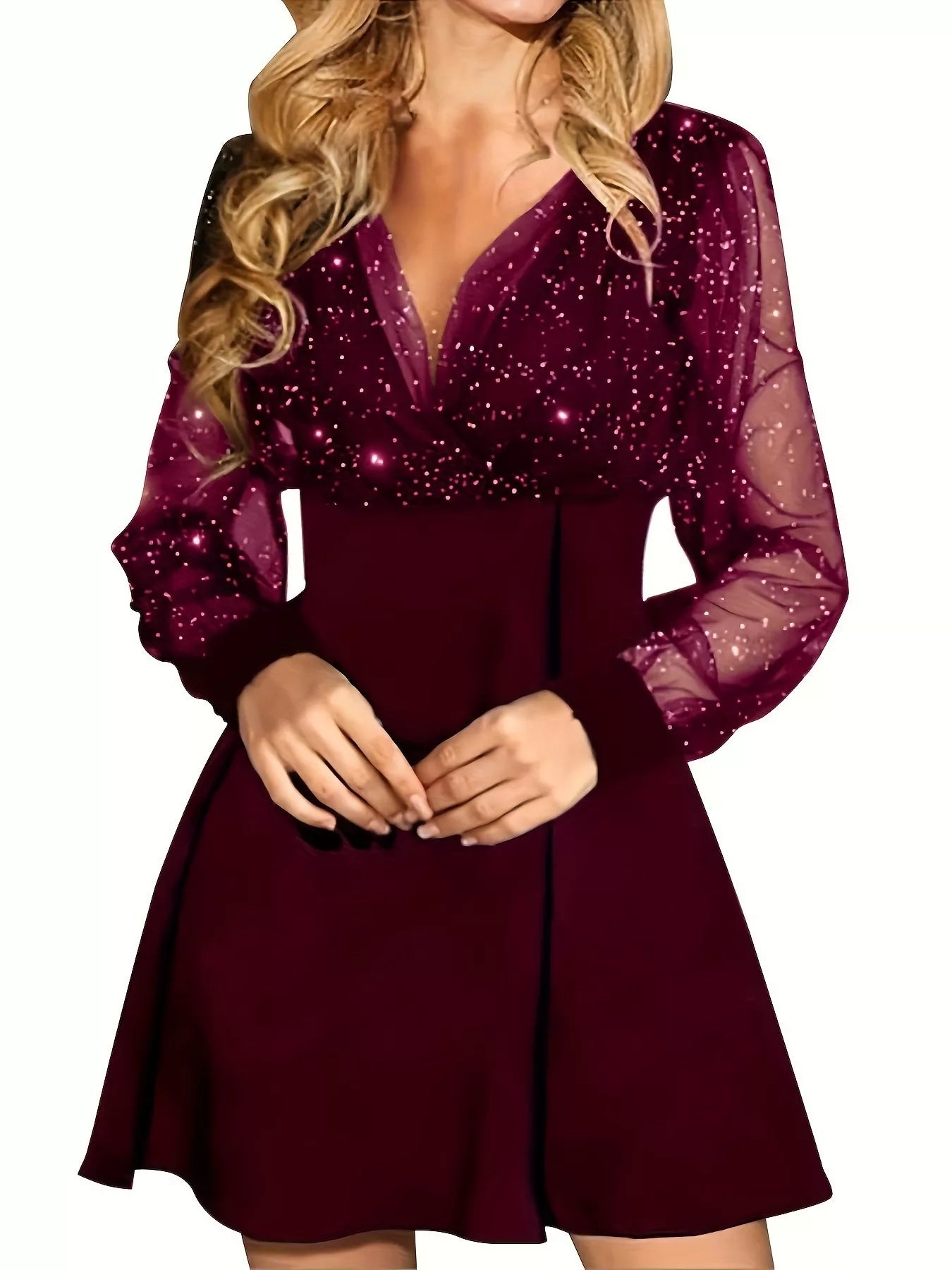 Long sleeve glitter mesh dress detail of fabric