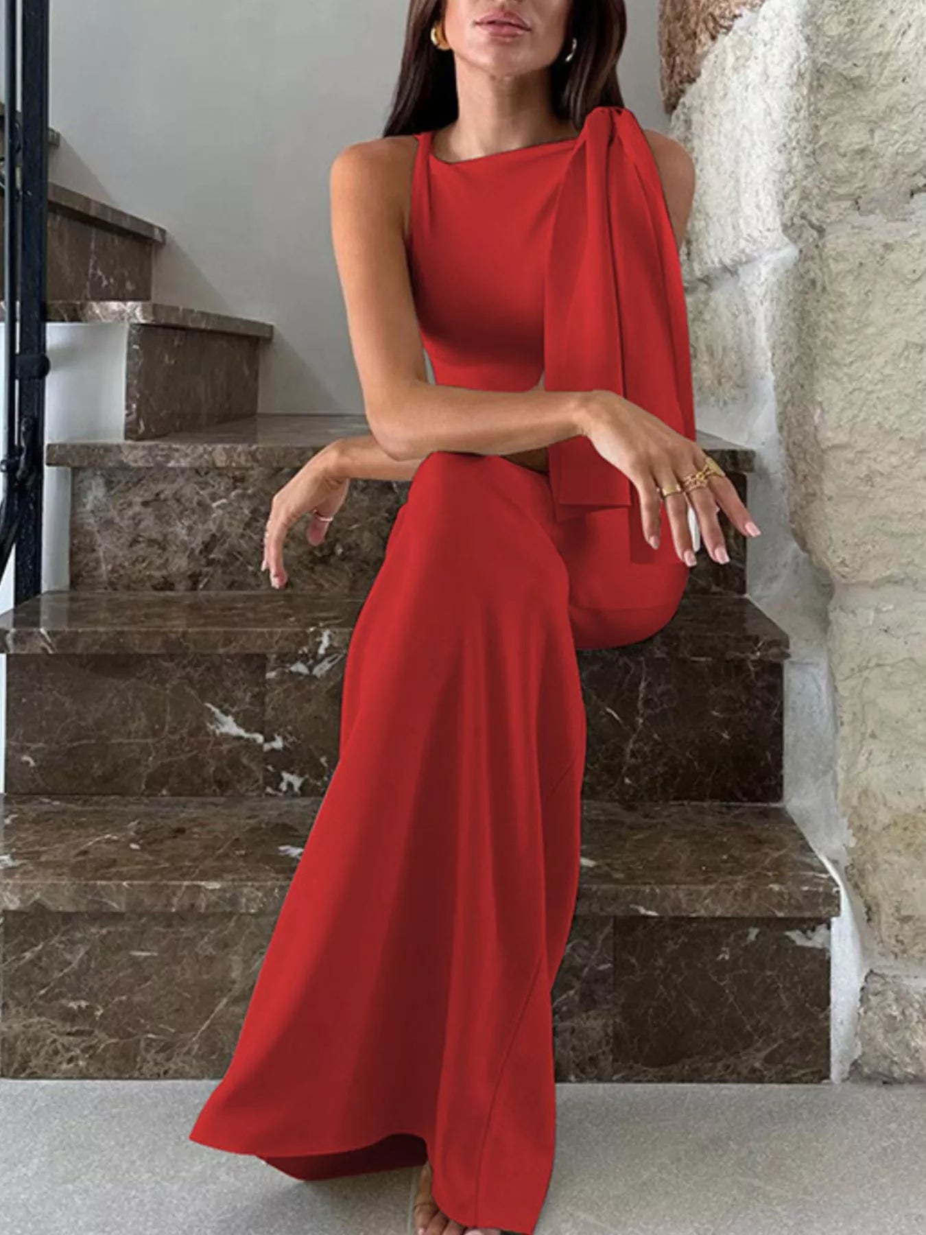 Sleeveless draped maxi dress complete outfit view