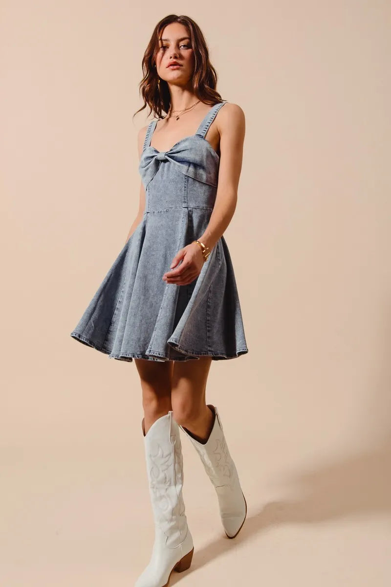 Denim flare dress hem movement view
