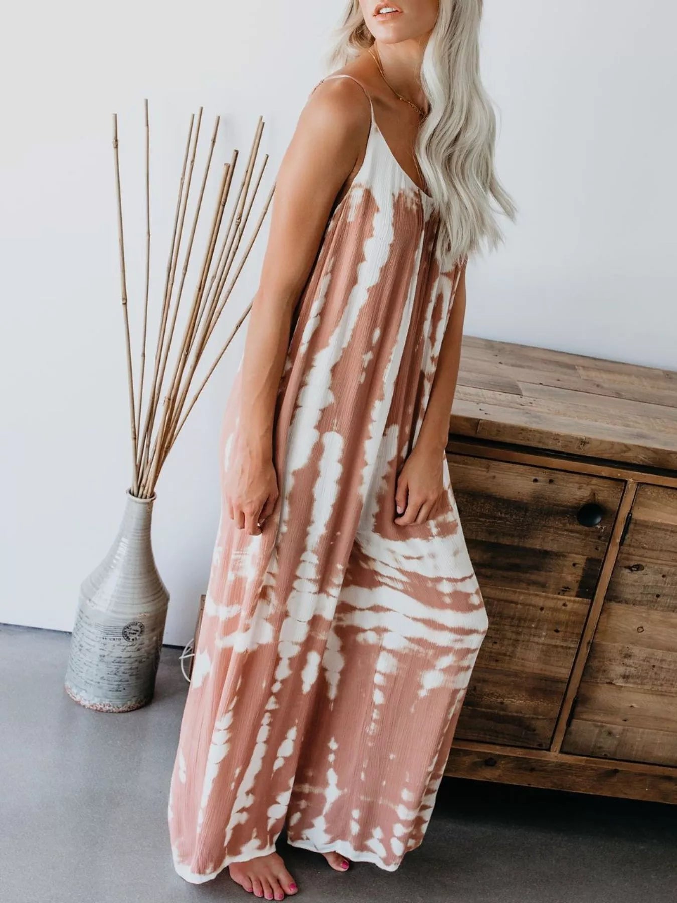 Tie dye jumpsuit in blue wash full body view