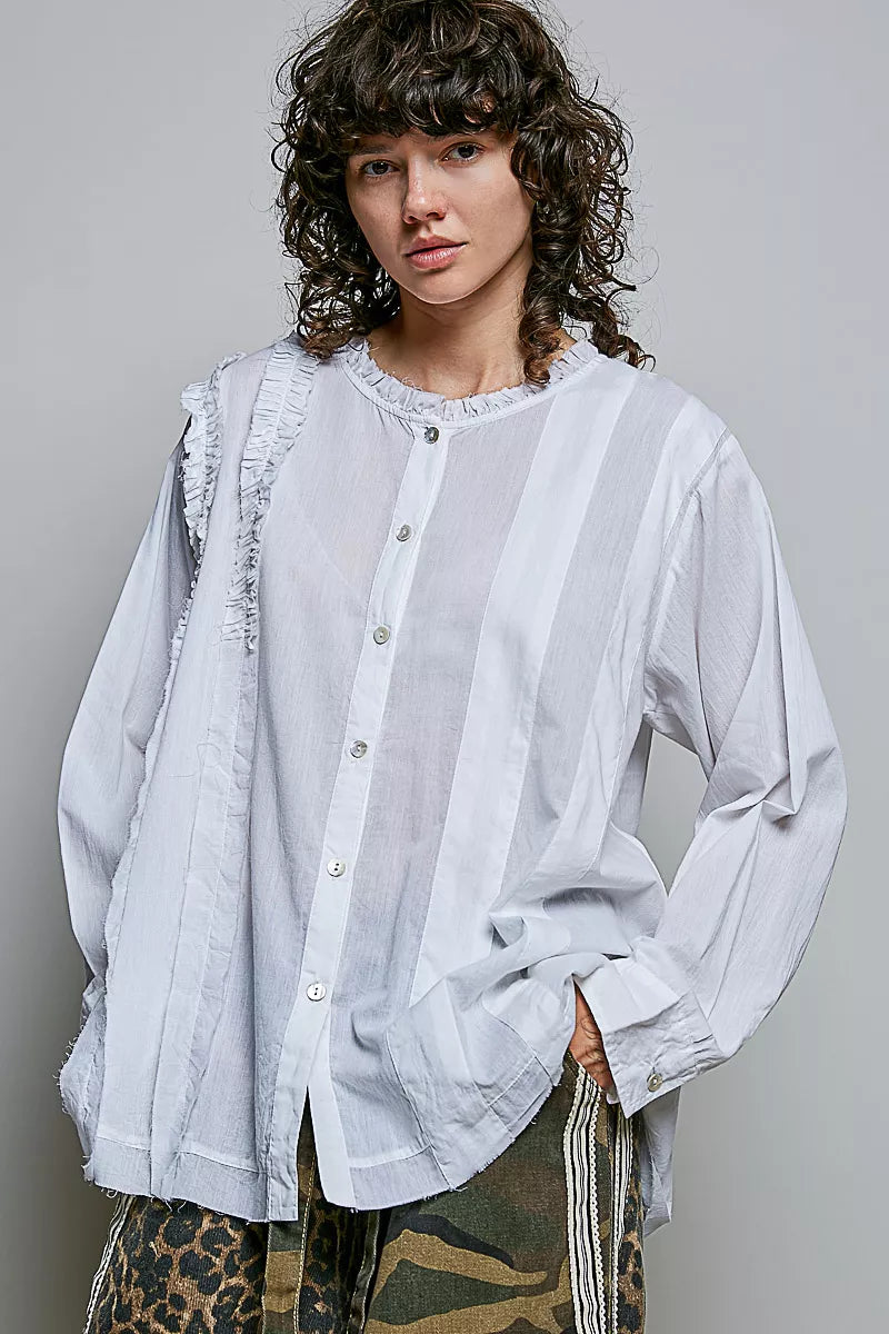 Ivory ruffle trim round neck woven shirt front view