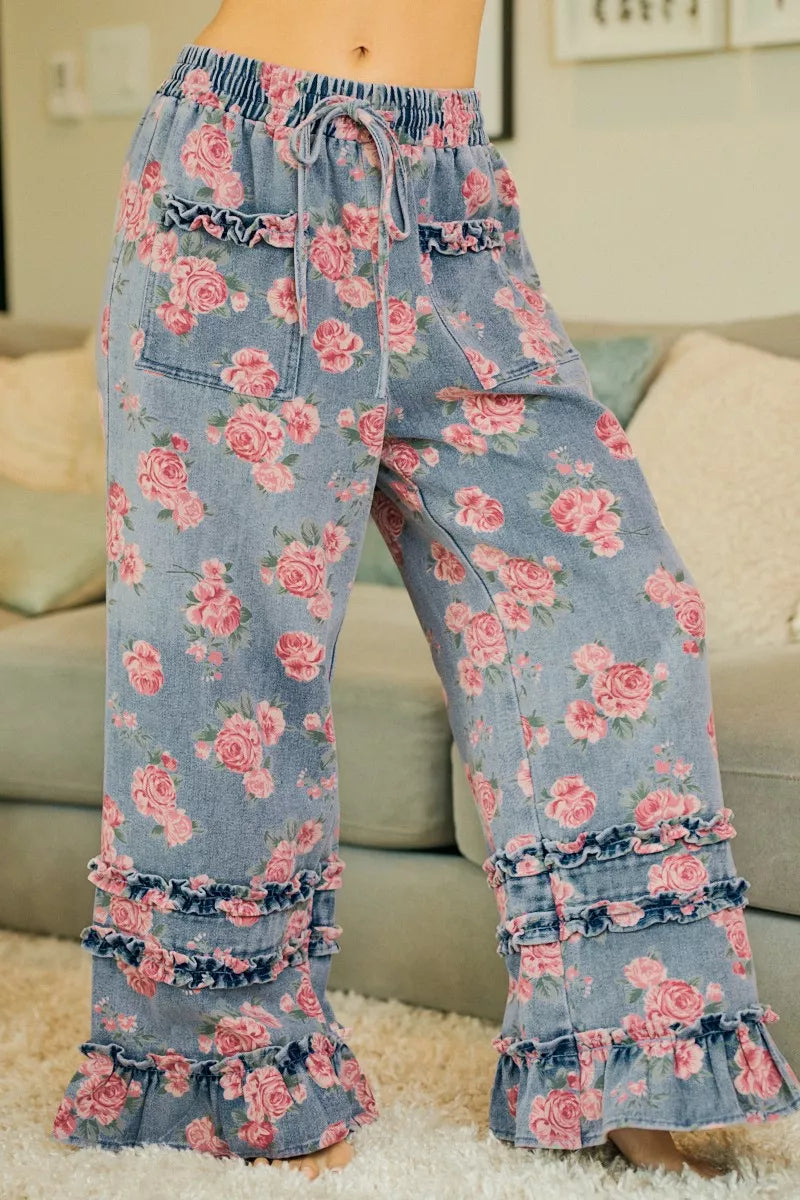 Floral denim pants styled with casual top
