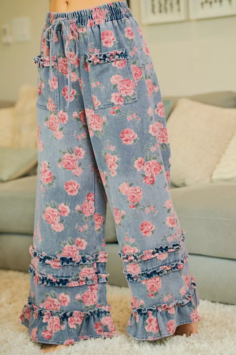 Wide leg silhouette of floral denim pants