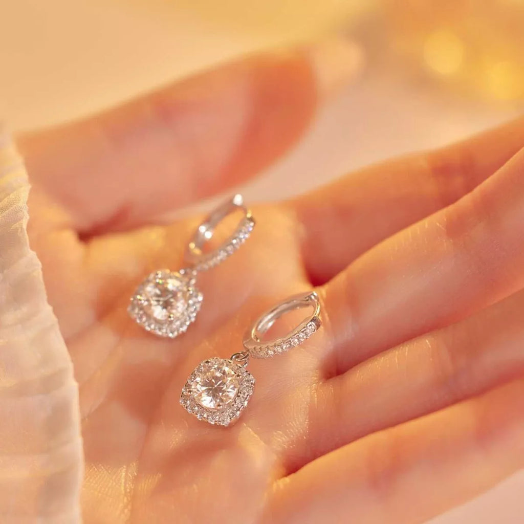 Silver moissanite drop earrings pair view