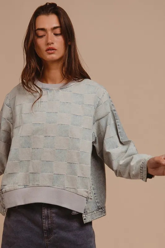 Mineral wash checkered denim top styled casual look