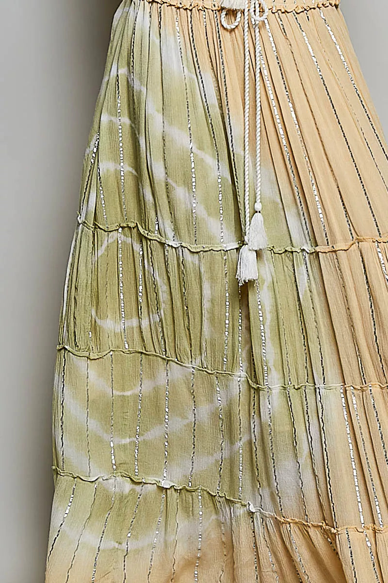 Shimmer tiered maxi skirt styled look