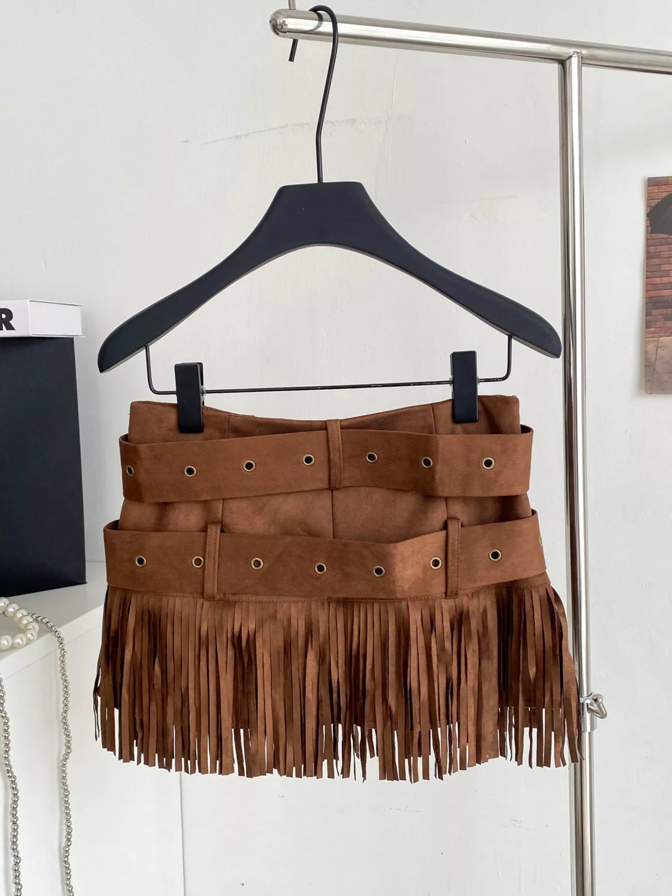 Tassel fringe mini skirt side view