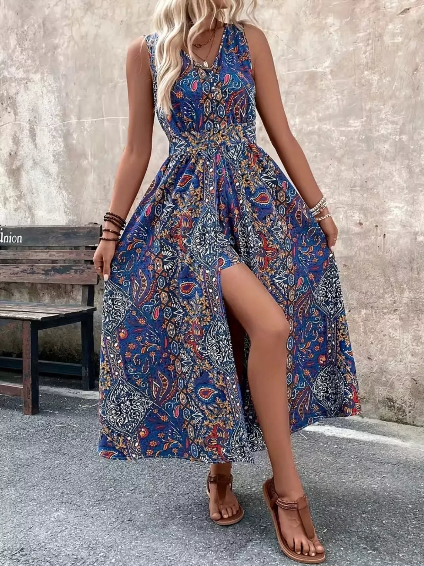 Sleeveless romper close up of paisley fabric print