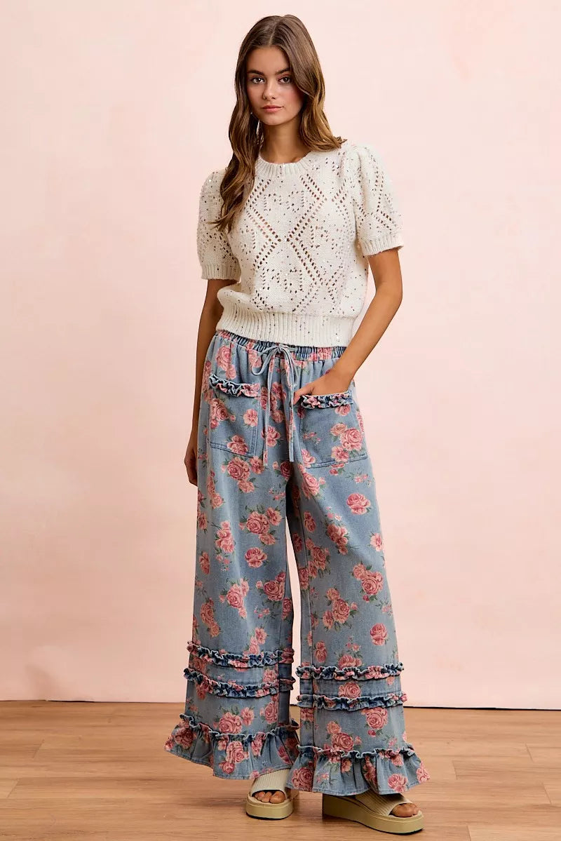 Floral denim pants waistband comfort detail
