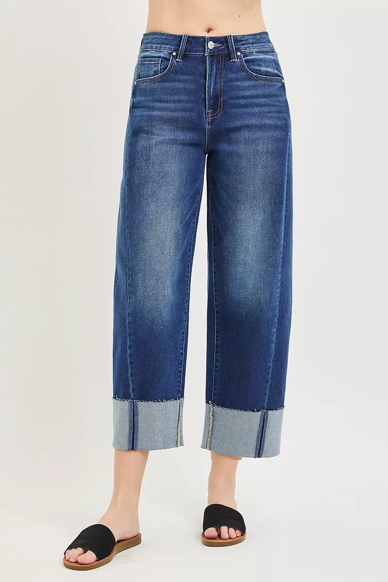 RISEN cropped barrel jeans side view on model