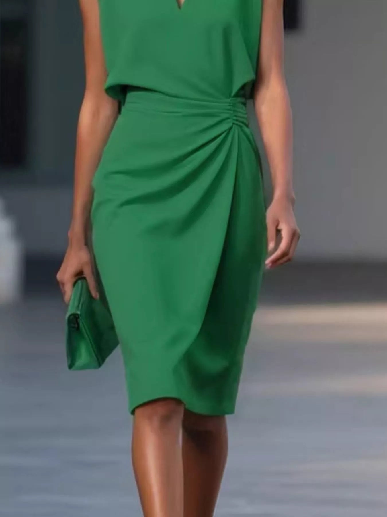 Ruched sleeveless dress styled with sandals