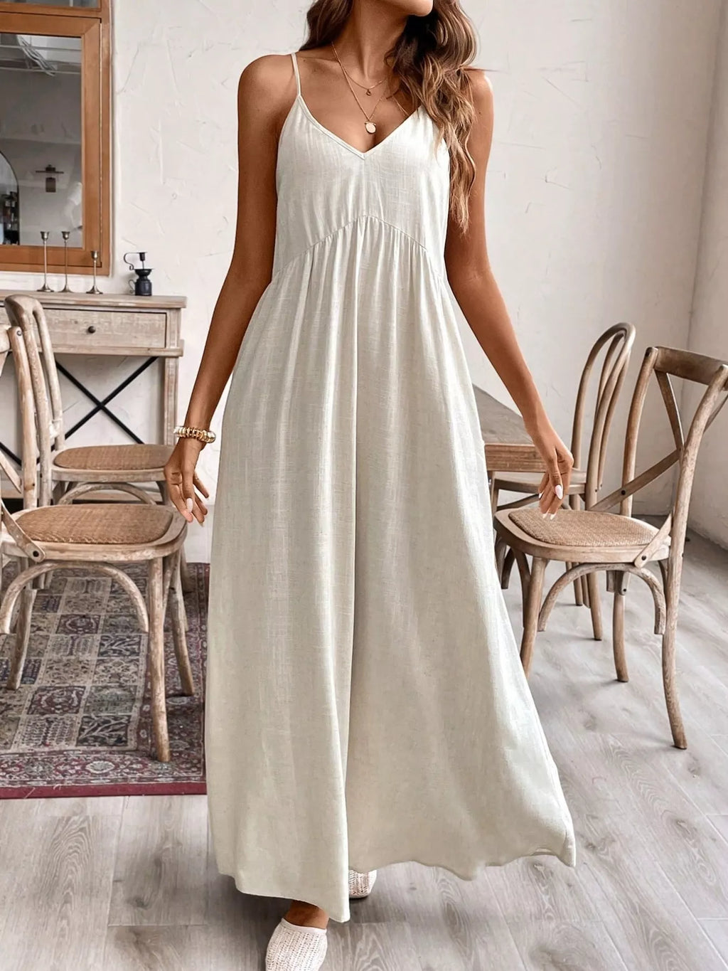Casual maxi dress side view showing ruched detail