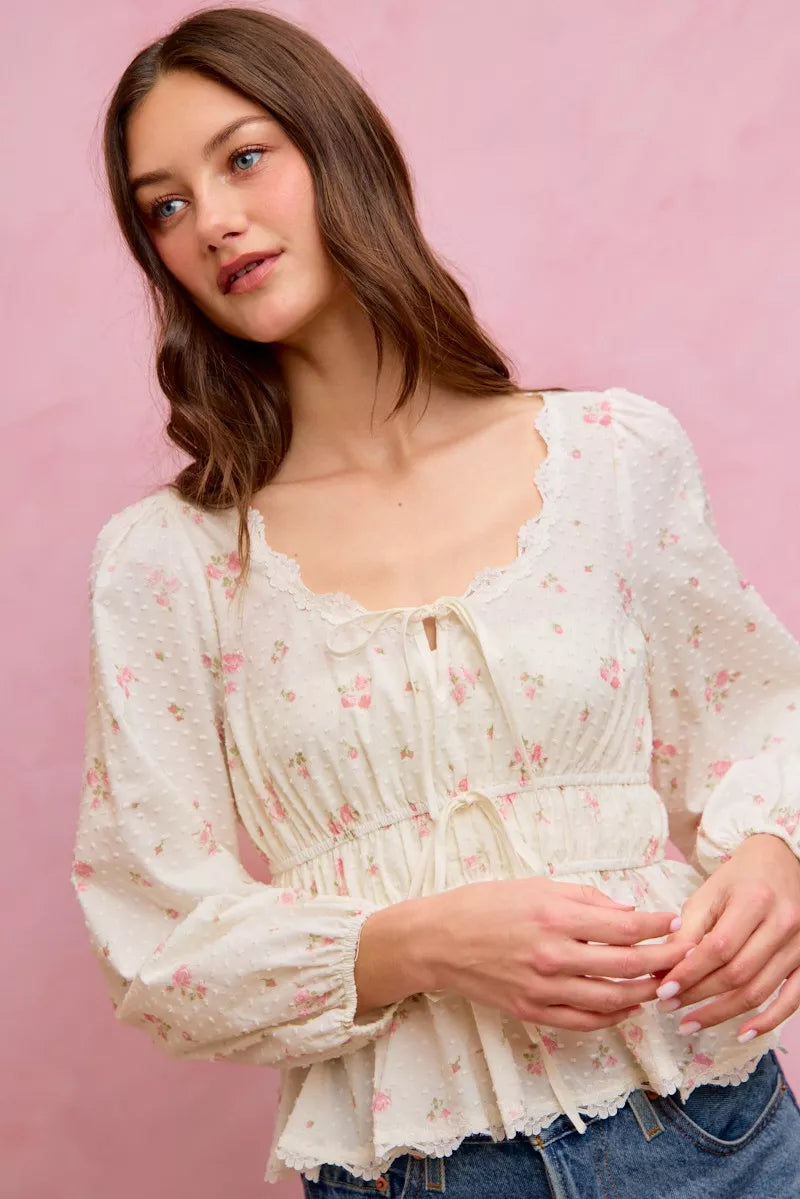 White floral clip dot blouse full length on model