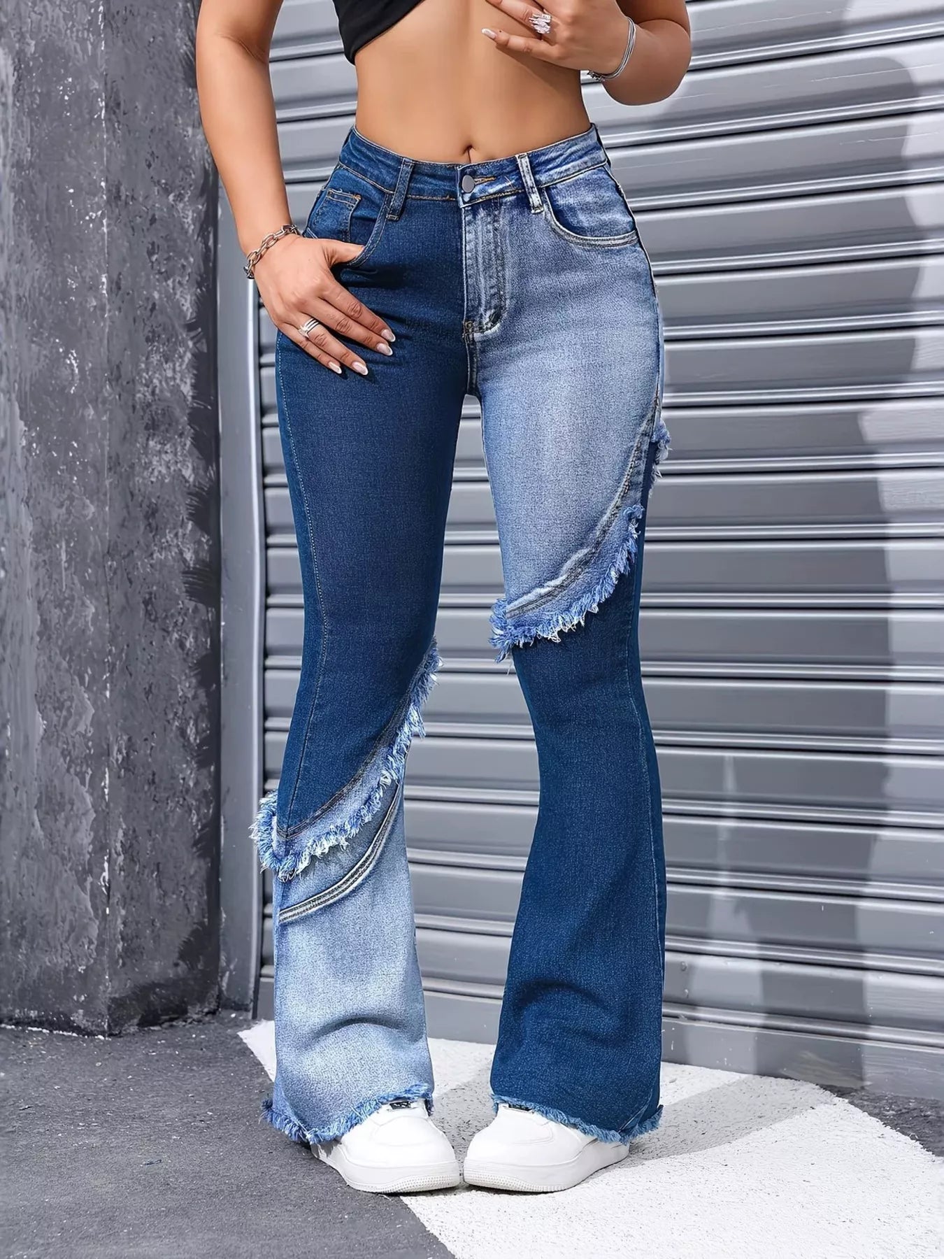 Two tone flare jeans back view with contrast washes