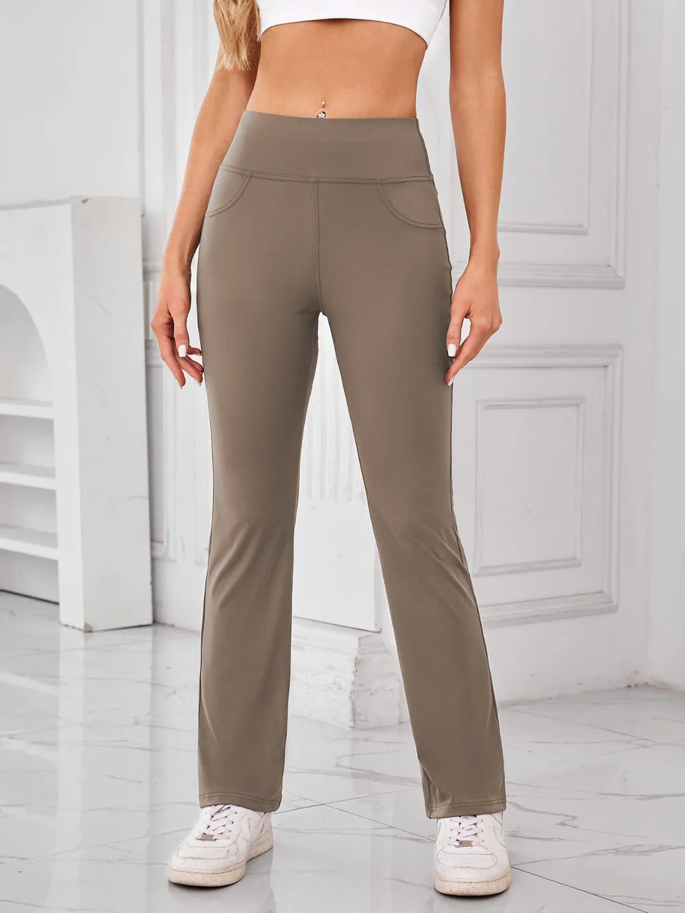 Brown high waist active pants front view